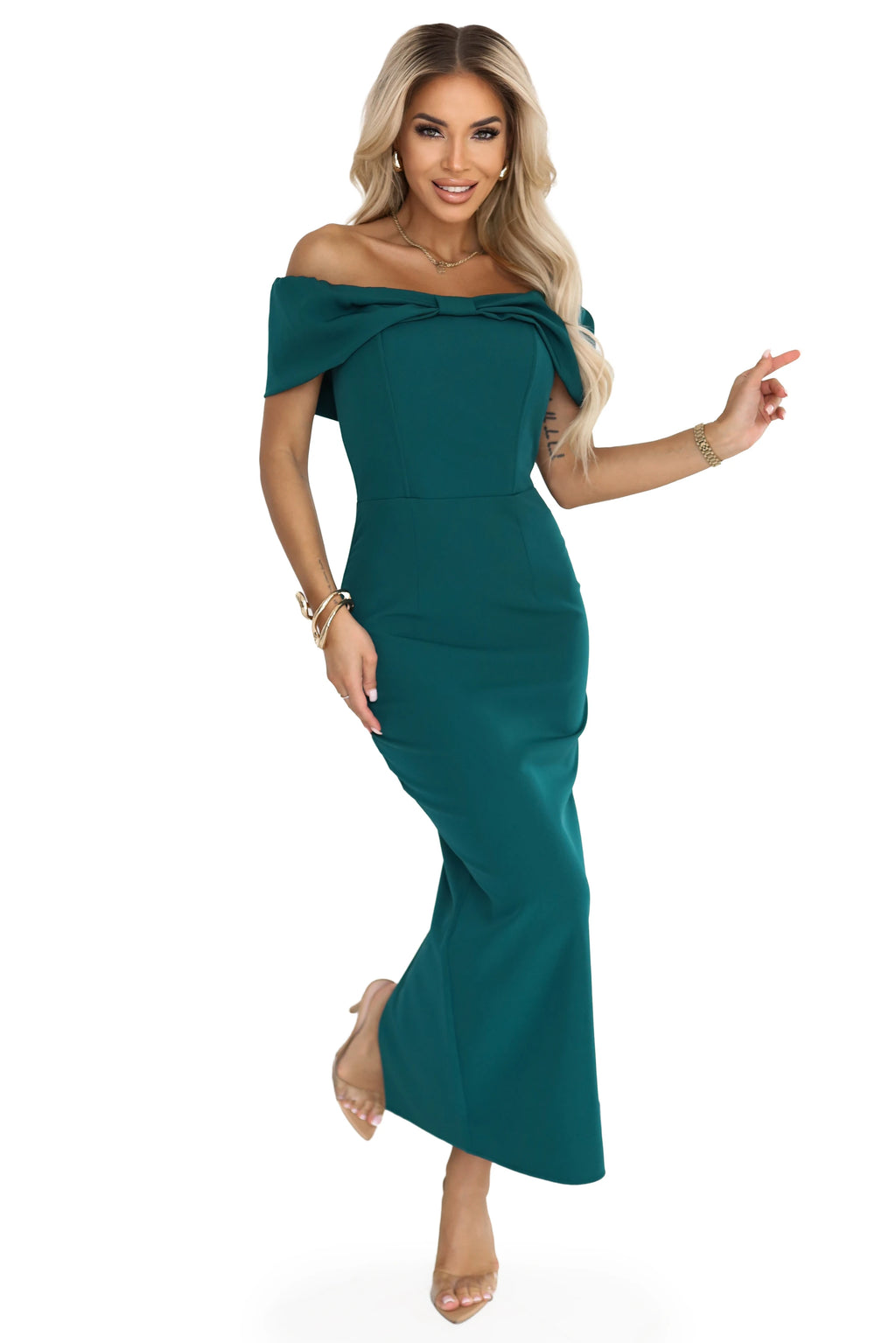 644-1 Rochie midi senzuală cu fundă la decolteu - verde sticlă