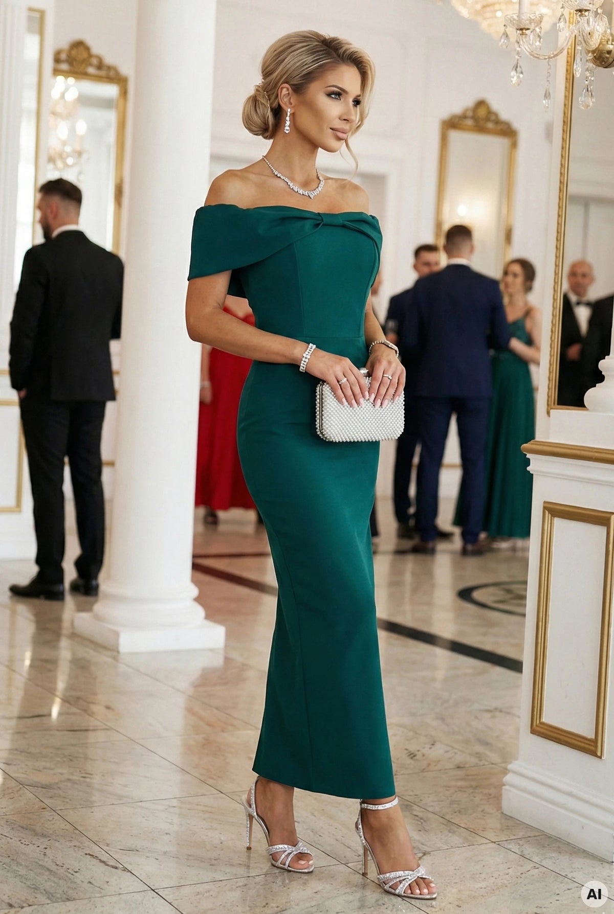 644-1 Rochie midi senzuală cu fundă la decolteu - verde sticlă