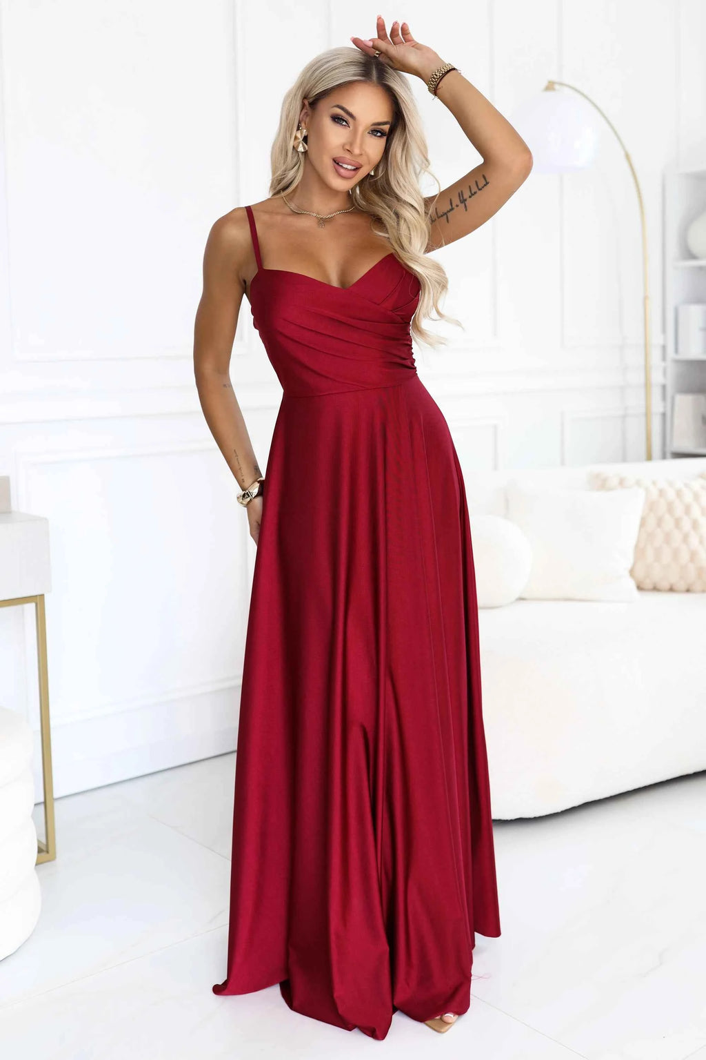646-5 Rochie de seară lungă cu bretele și șliț la picior - bordo