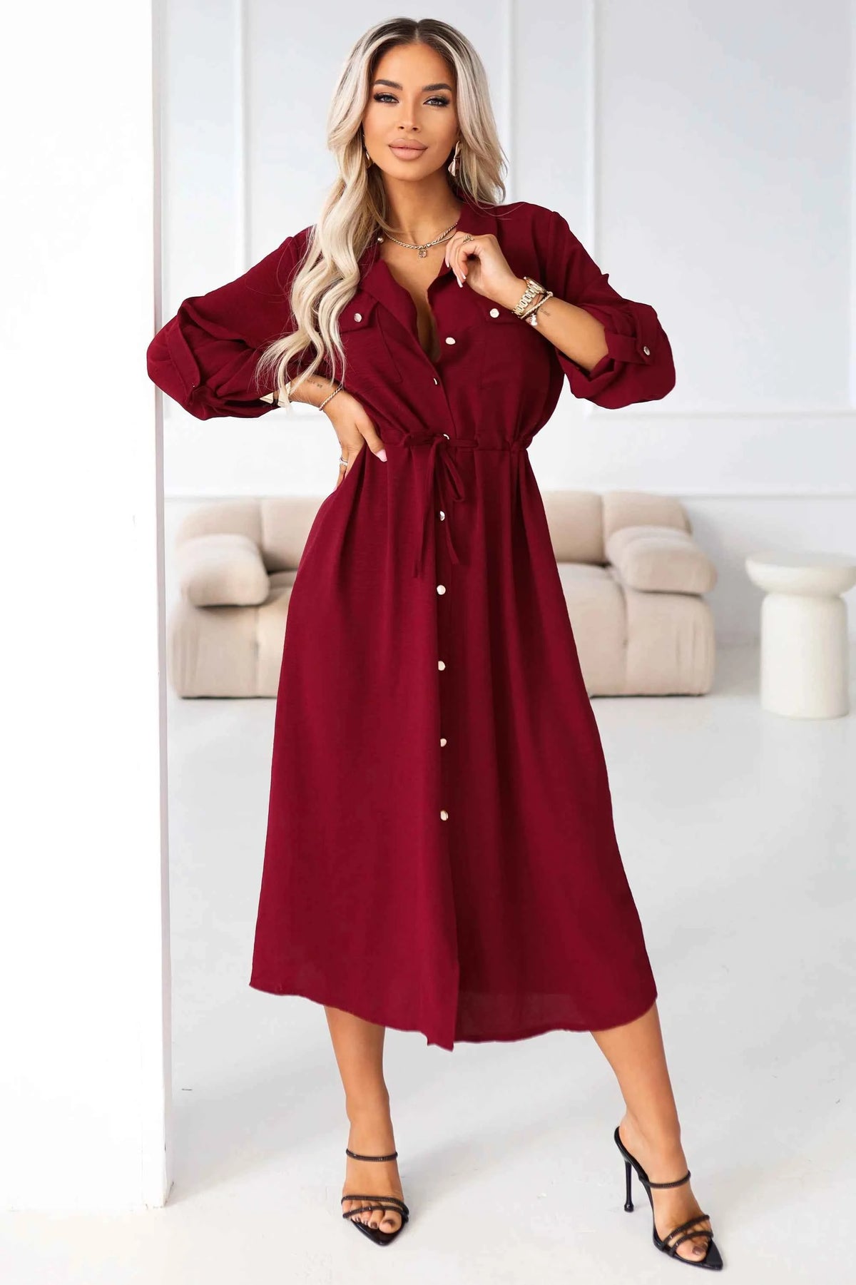 651-2 Rochie cămașă - rochie cămașă midi cu nasturi și curea - vișiniu