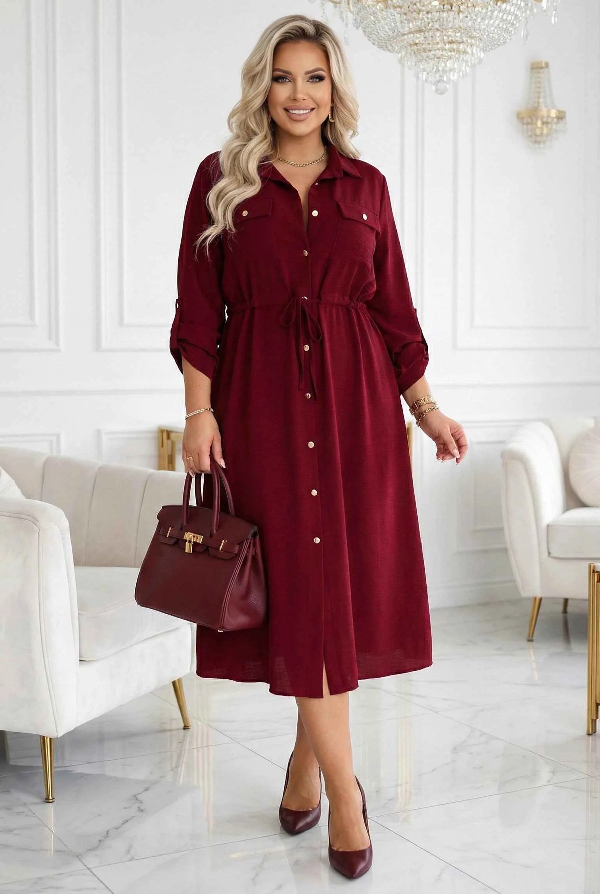 651-2 Rochie cămașă - rochie cămașă midi cu nasturi și curea - vișiniu