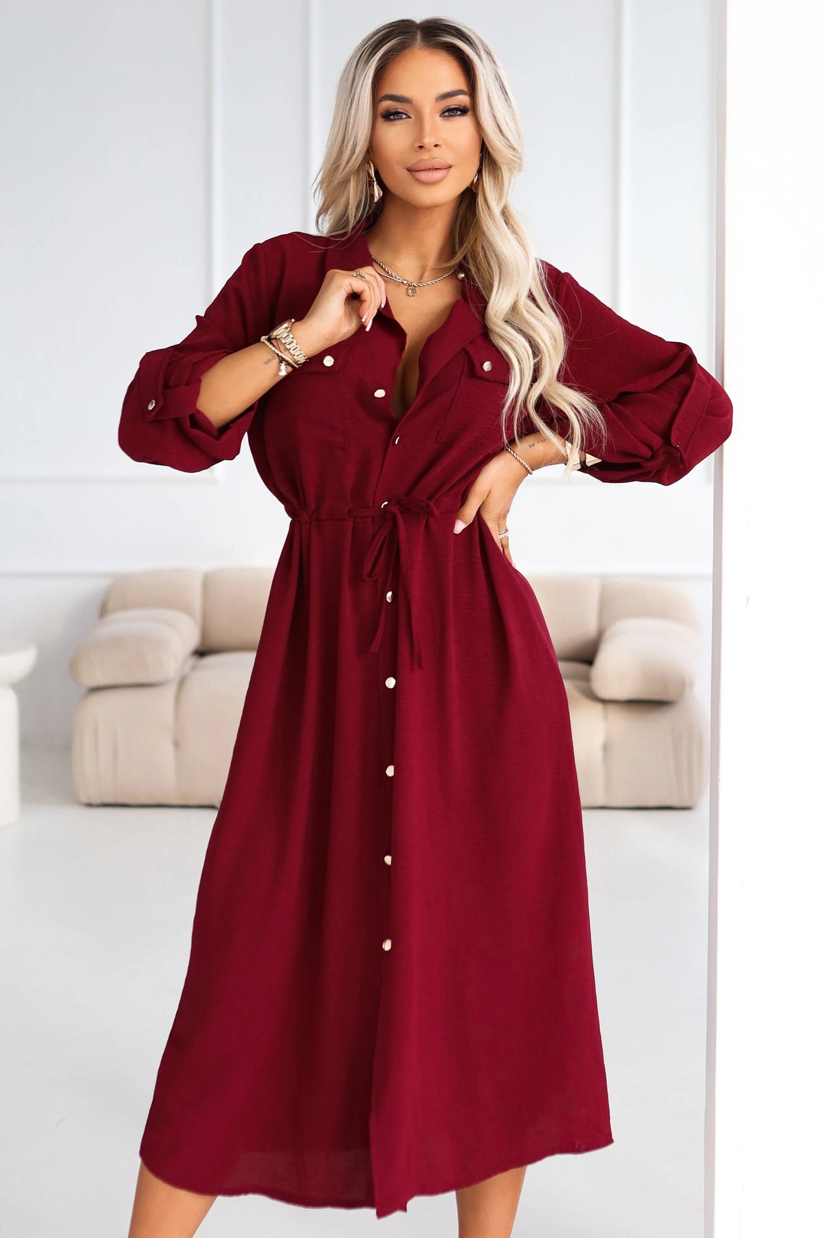 651-2 Rochie cămașă - rochie cămașă midi cu nasturi și curea - vișiniu