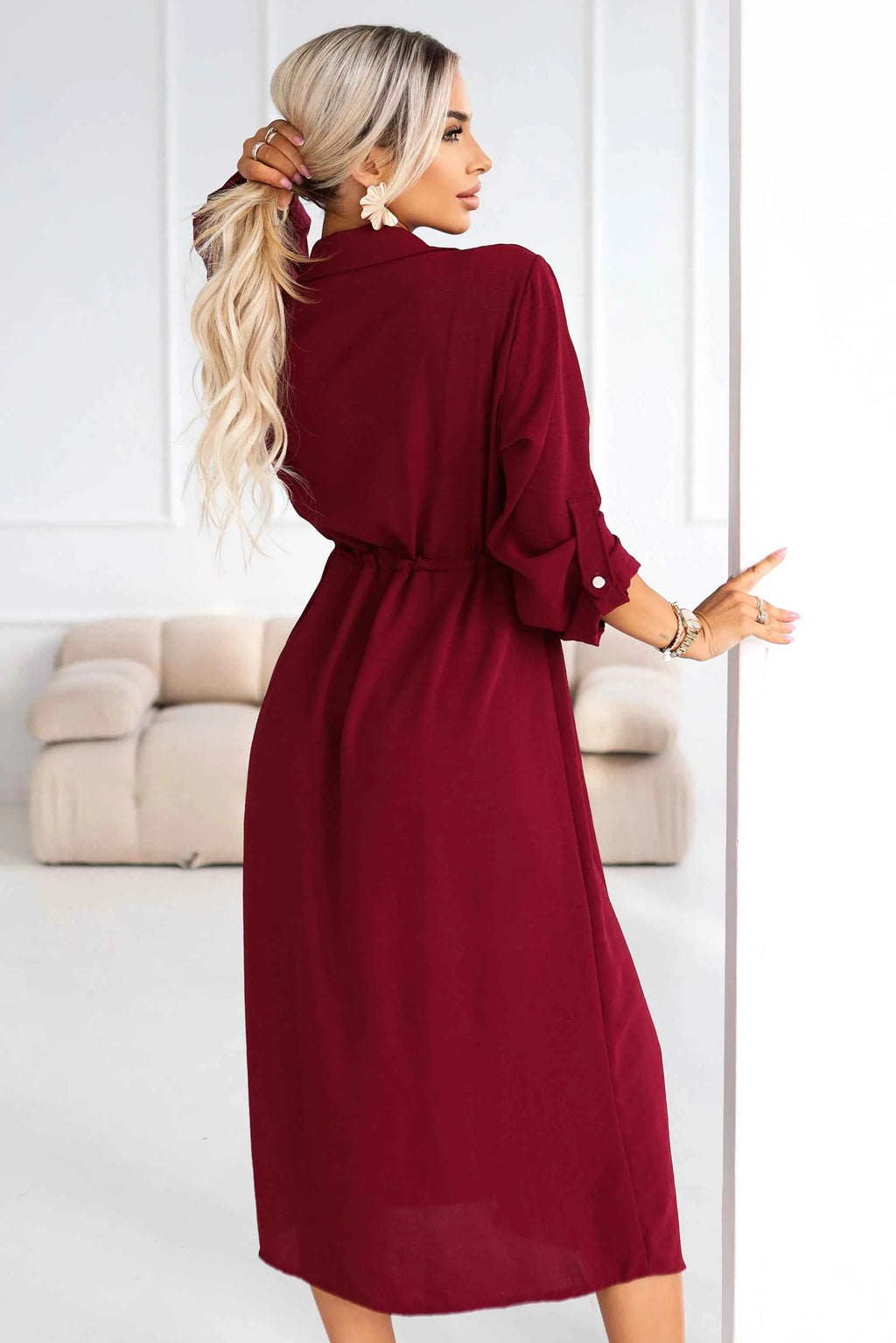 651-2 Rochie cămașă - rochie cămașă midi cu nasturi și curea - vișiniu