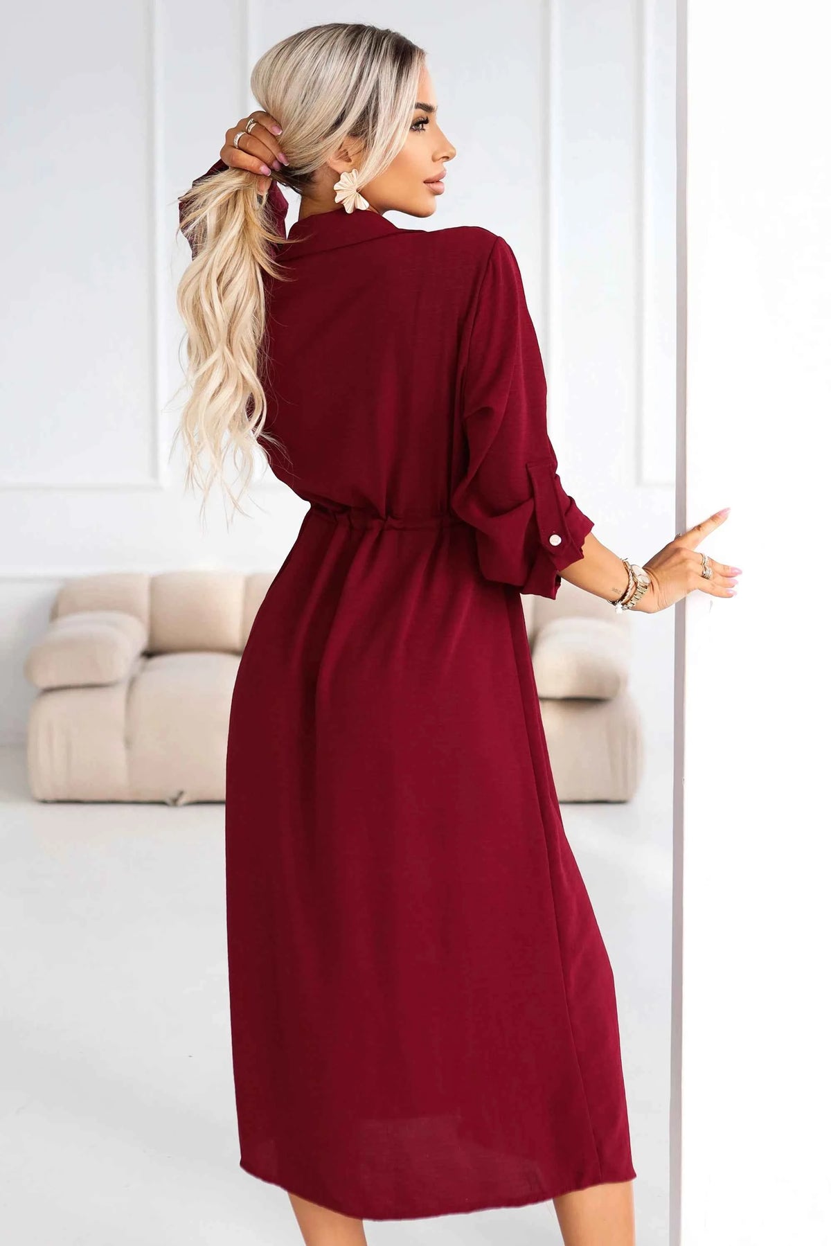 651-2 Rochie cămașă - rochie cămașă midi cu nasturi și curea - vișiniu