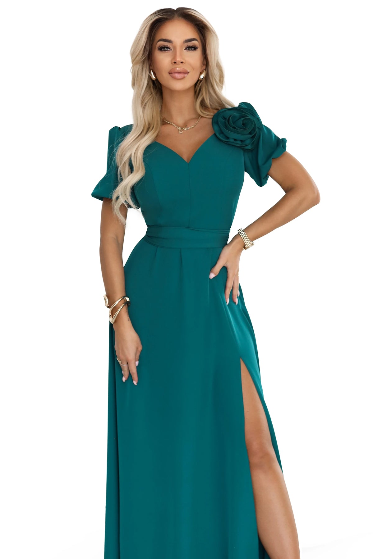 653-1 Rochie lungă elegantă cu trandafir, curea și crăpătură înaltă - verde sticlă
