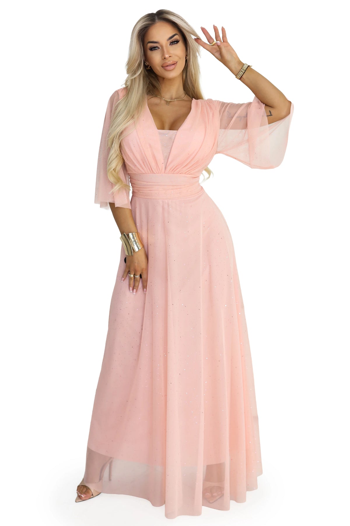 654-4 Rochie lungă strălucitoare plus size cu decolteu și mânecă transparentă - piersică