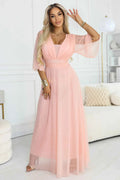 654-4 Rochie lungă strălucitoare plus size cu decolteu și mânecă transparentă - piersică