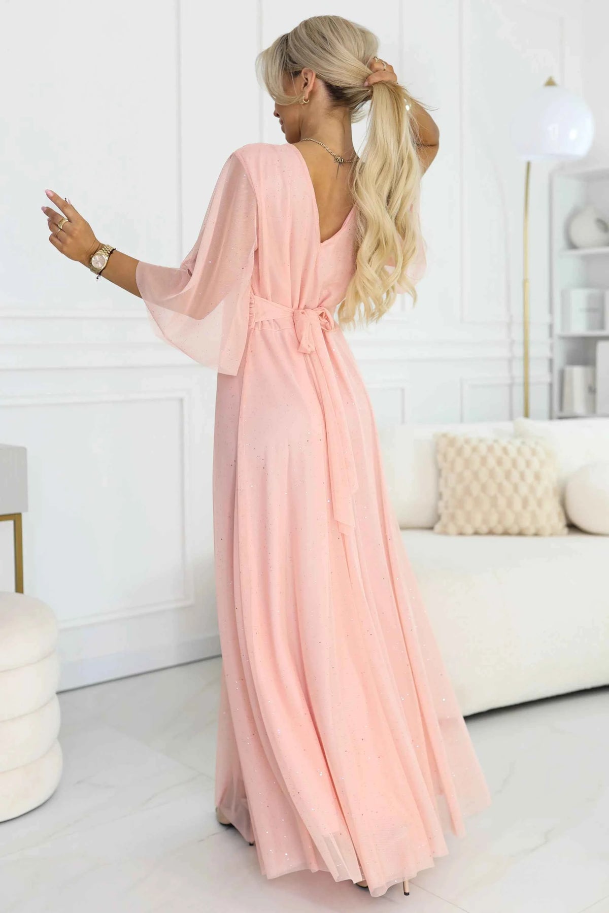 654-4 Rochie lungă strălucitoare plus size cu decolteu și mânecă transparentă - piersică