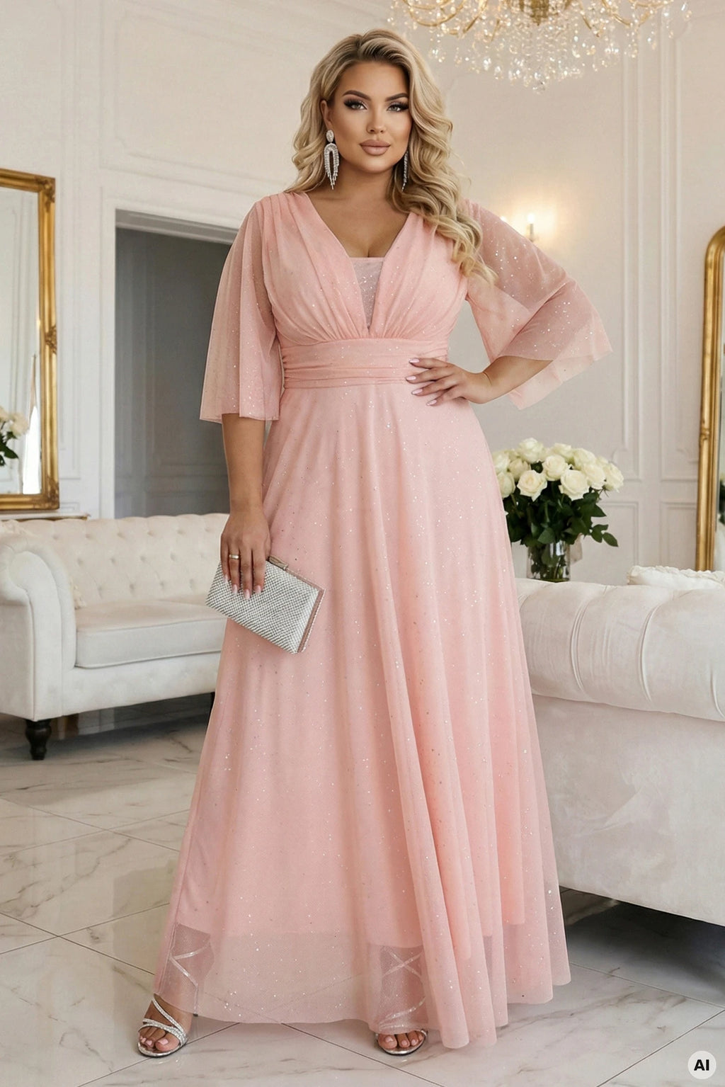 654-4 Rochie lungă strălucitoare plus size cu decolteu și mânecă transparentă - piersică