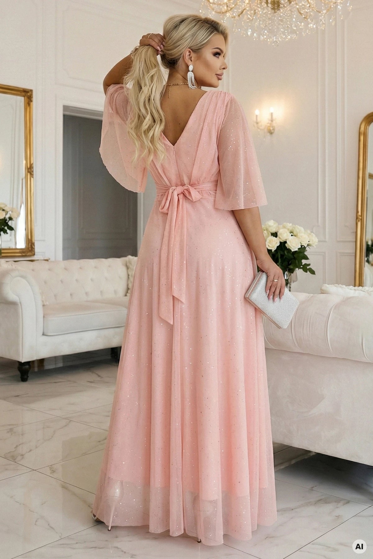 654-4 Rochie lungă strălucitoare plus size cu decolteu și mânecă transparentă - piersică