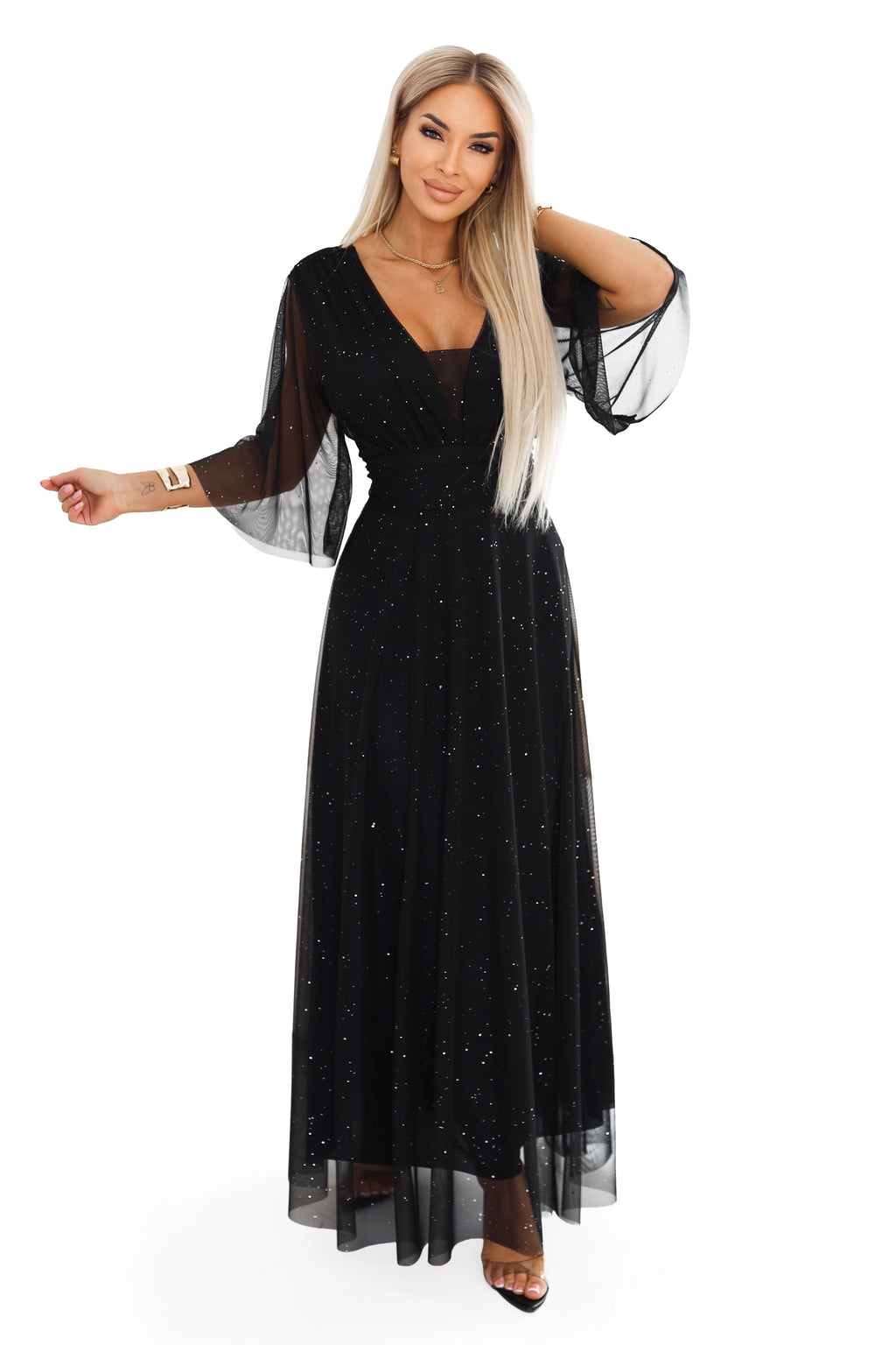 654-5 Rochie lunga stralucitoare plus size cu decolteu si maneca transparenta - neagra