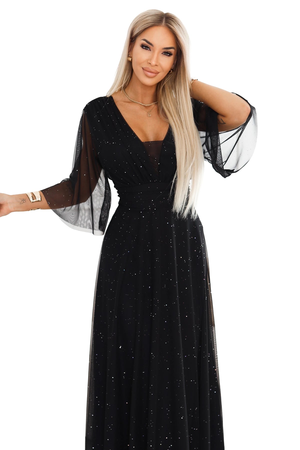654-5 Rochie lunga stralucitoare plus size cu decolteu si maneca transparenta - neagra
