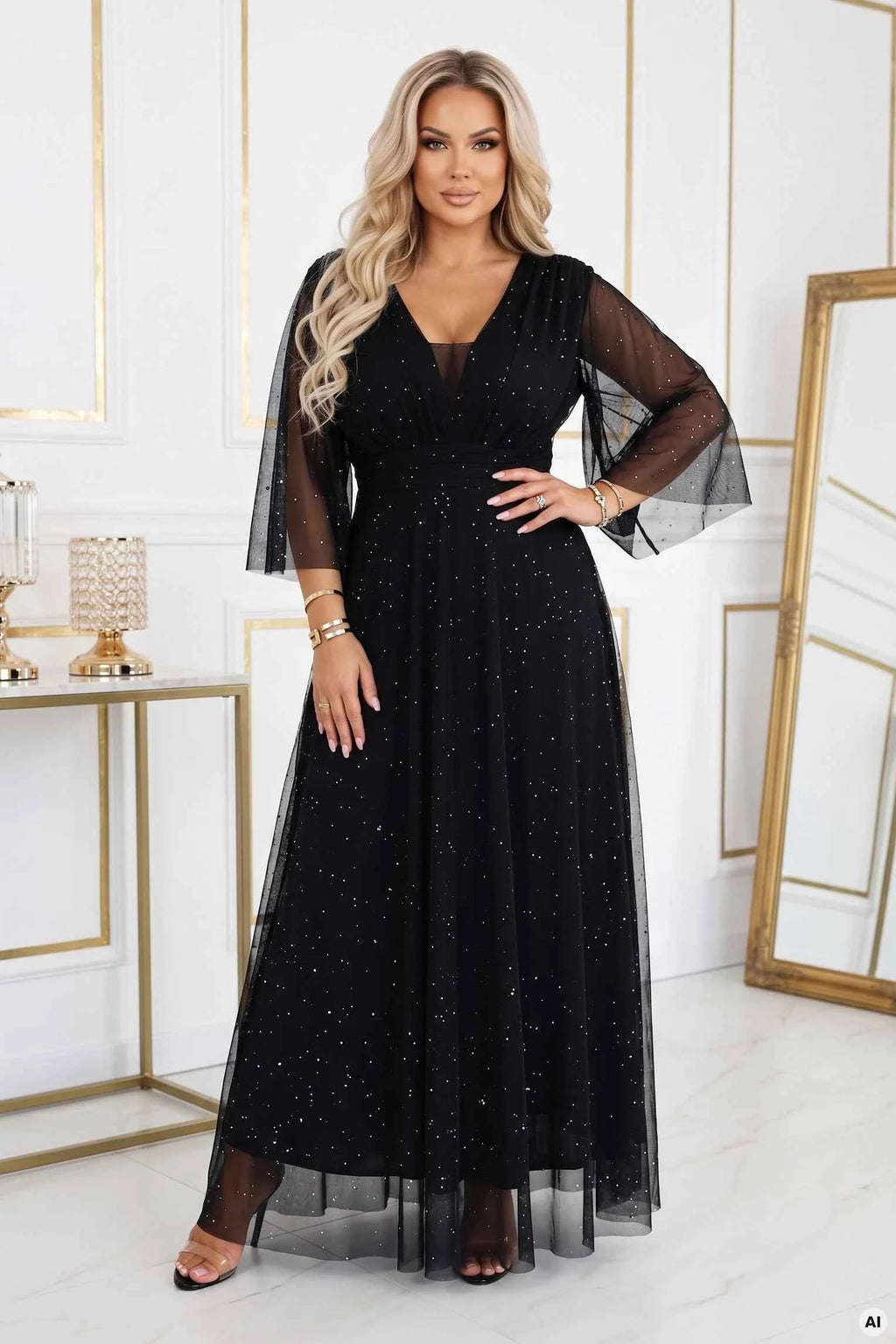 654-5 Rochie lunga stralucitoare plus size cu decolteu si maneca transparenta - neagra