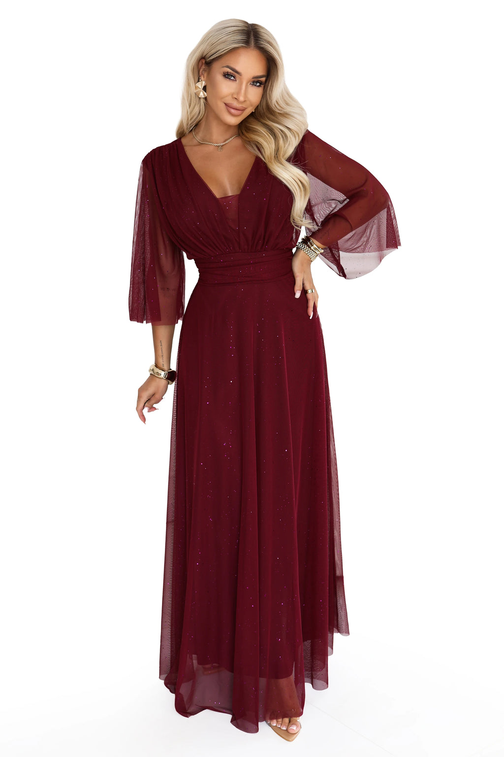 654-6 Rochie lungă strălucitoare plus size cu decolteu și mânecă transparentă - bordo