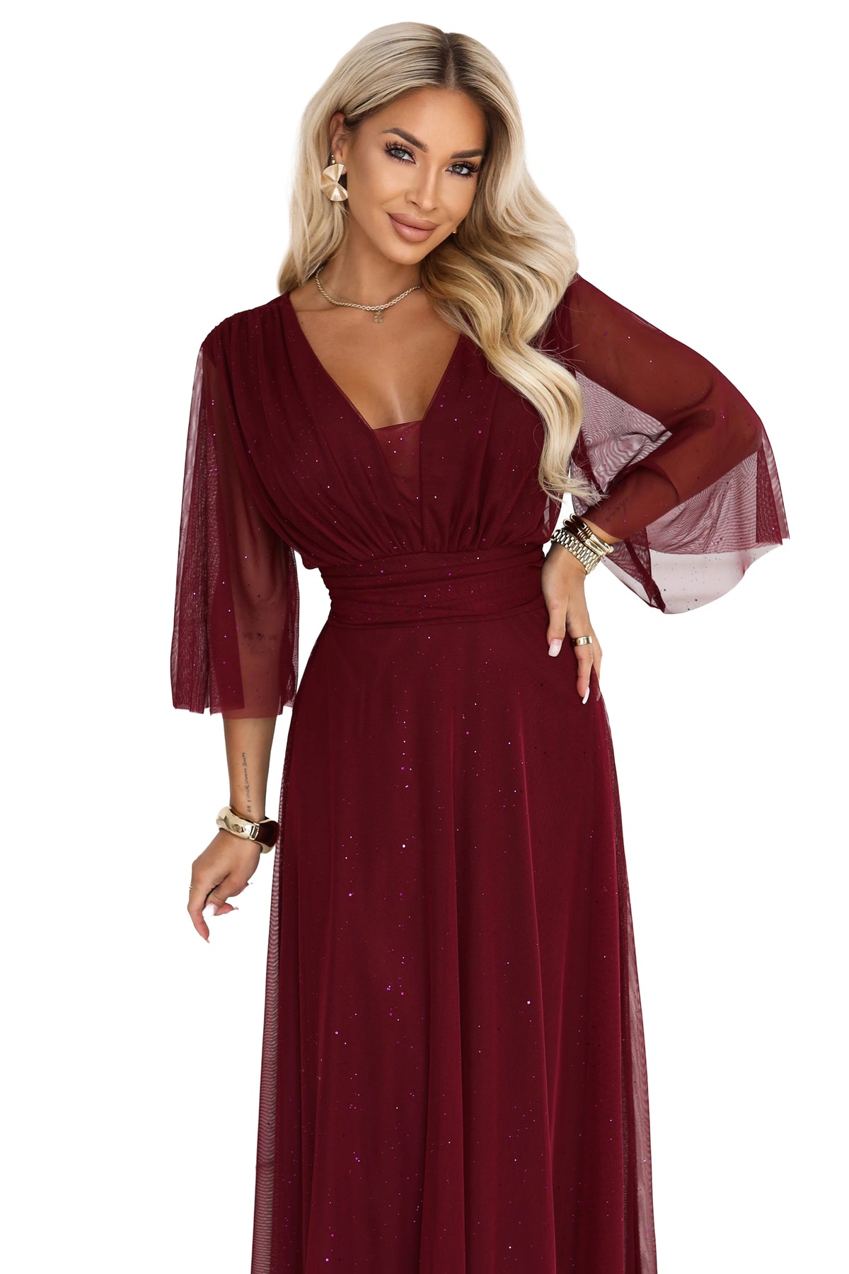 654-6 Rochie lungă strălucitoare plus size cu decolteu și mânecă transparentă - bordo
