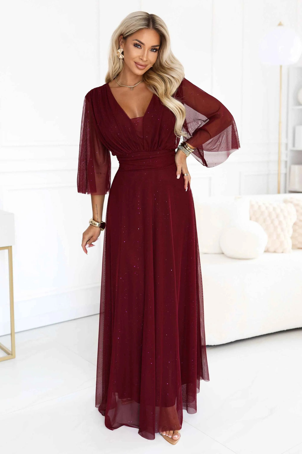 654-6 Rochie lungă strălucitoare plus size cu decolteu și mânecă transparentă - bordo