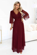 654-6 Rochie lungă strălucitoare plus size cu decolteu și mânecă transparentă - bordo