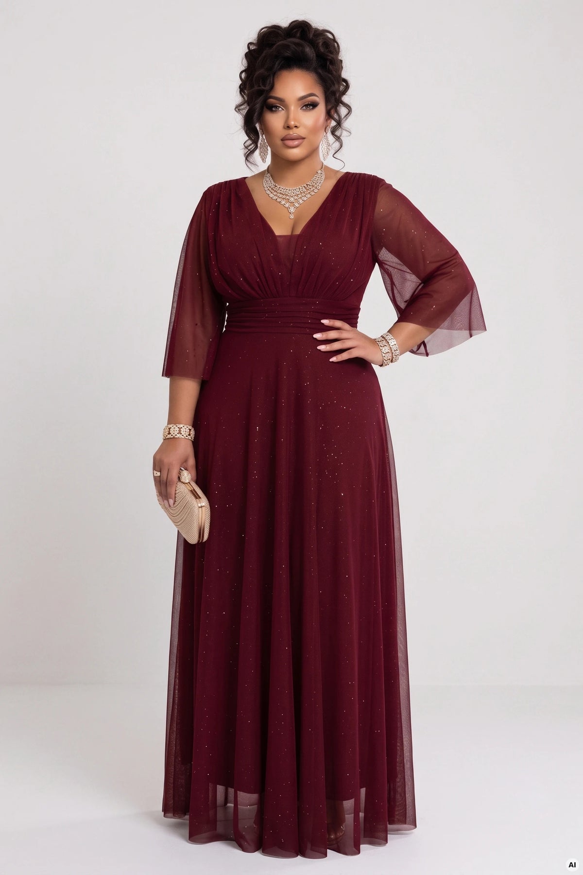 654-6 Rochie lungă strălucitoare plus size cu decolteu și mânecă transparentă - bordo