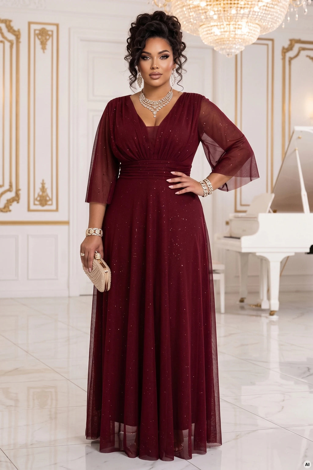 654-6 Rochie lungă strălucitoare plus size cu decolteu și mânecă transparentă - bordo