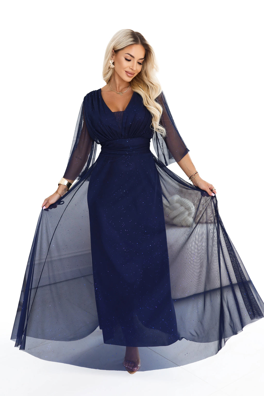 654-7 Rochie lungă strălucitoare, plus size, cu decolteu și mânecă transparentă - bleumarin