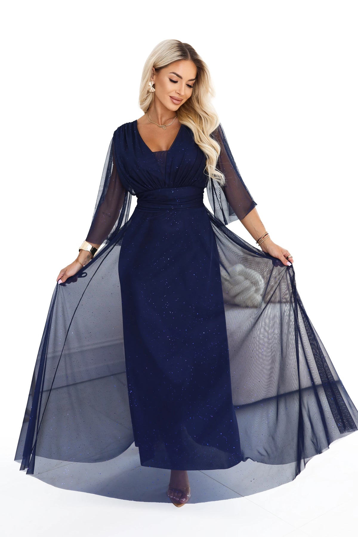 654-7 Rochie lungă strălucitoare, plus size, cu decolteu și mânecă transparentă - bleumarin