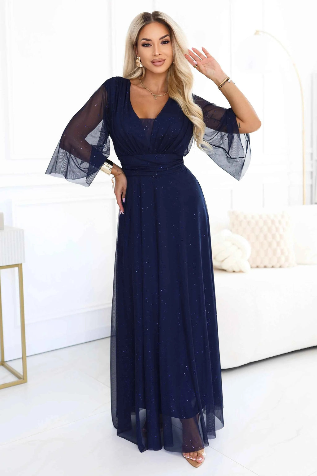 654-7 Rochie lungă strălucitoare, plus size, cu decolteu și mânecă transparentă - bleumarin