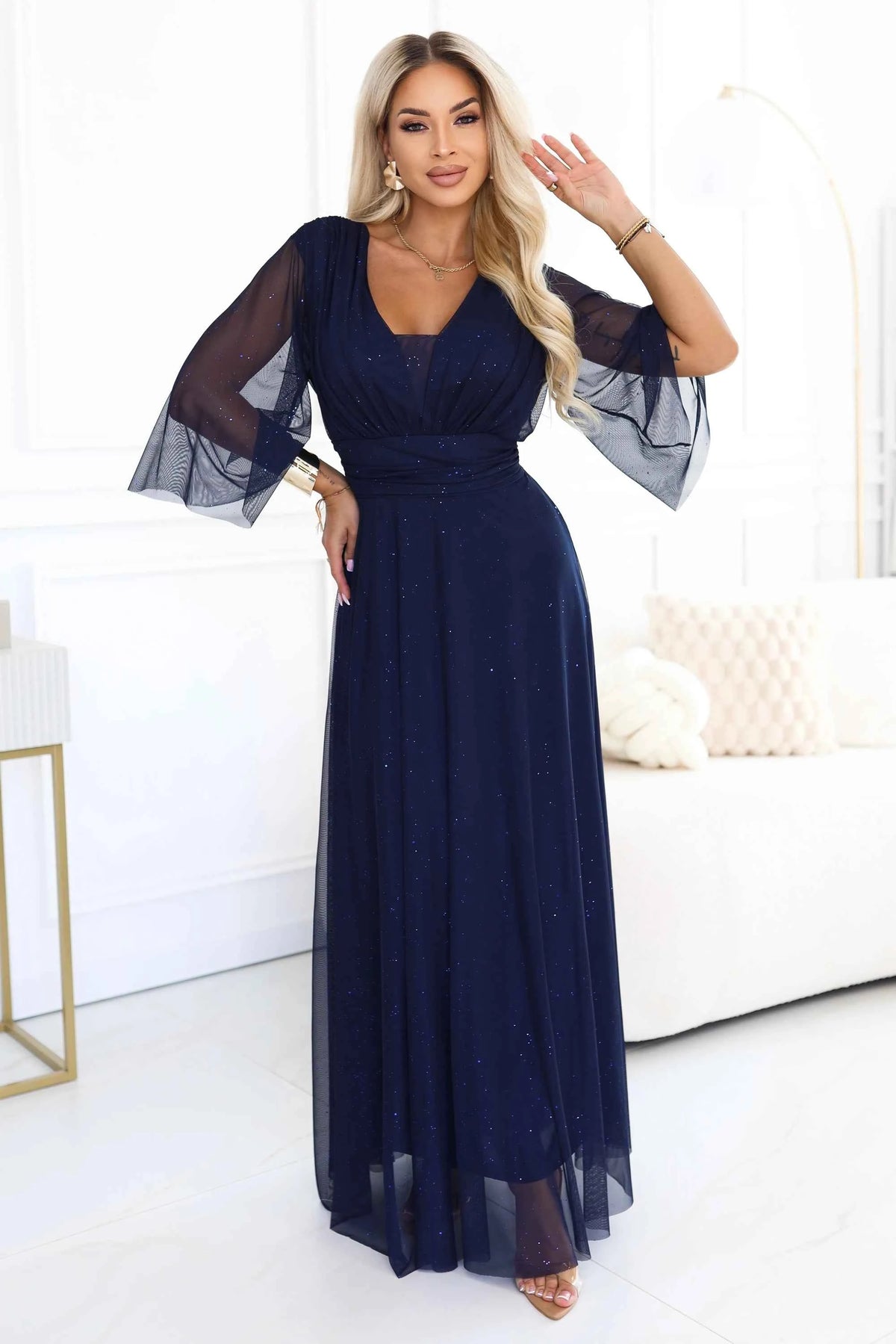 654-7 Rochie lungă strălucitoare, plus size, cu decolteu și mânecă transparentă - bleumarin