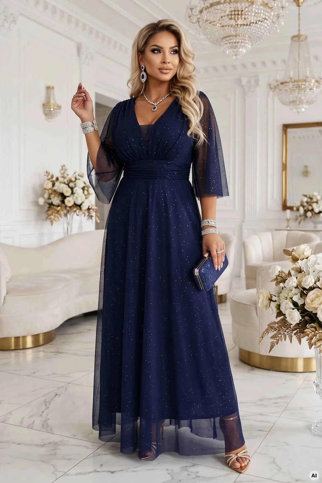 654-7 Rochie lungă strălucitoare, plus size, cu decolteu și mânecă transparentă - bleumarin