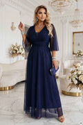 654-7 Rochie lungă strălucitoare, plus size, cu decolteu și mânecă transparentă - bleumarin