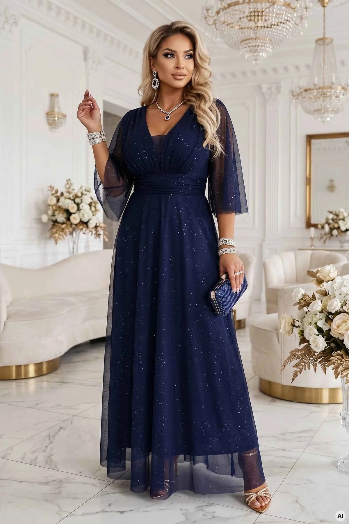 654-7 Rochie lungă strălucitoare, plus size, cu decolteu și mânecă transparentă - bleumarin