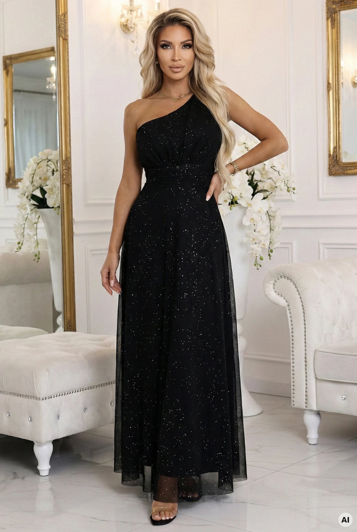 656-3 Rochie de seară lungă, strălucitoare, cu un singur umăr - neagră clasică