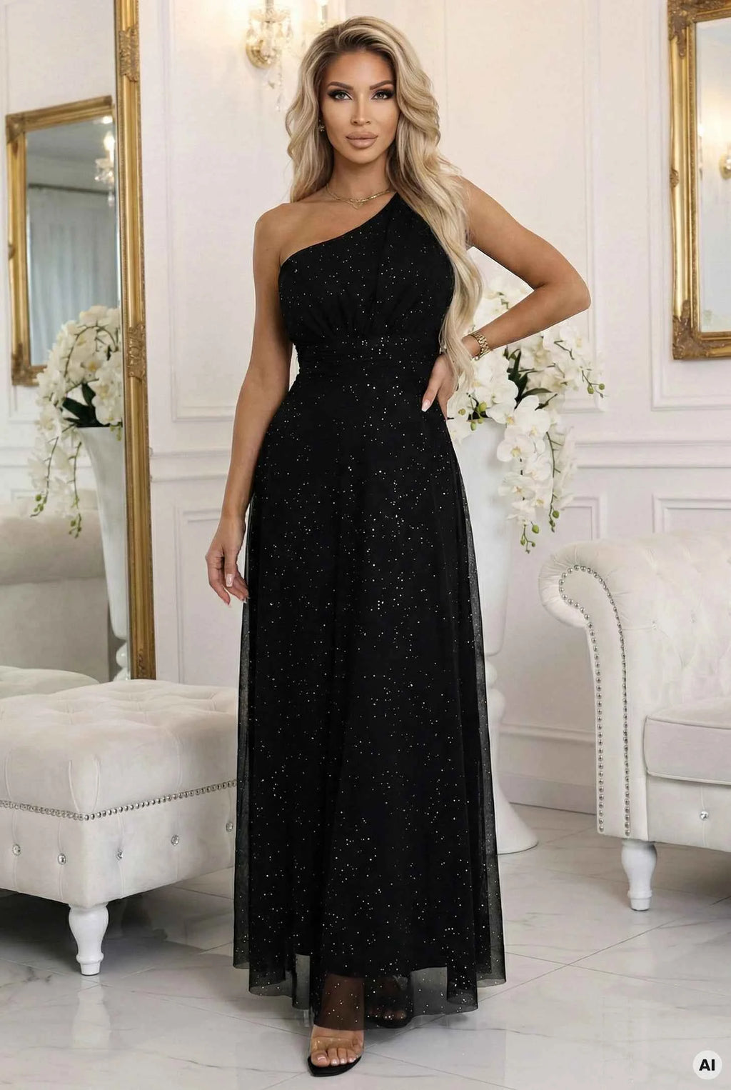 656-3 Rochie de seară lungă, strălucitoare, cu un singur umăr - neagră clasică