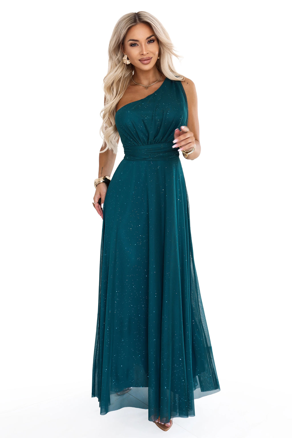 656-4 Rochie lungă de seară strălucitoare cu un umăr - verde sticlă