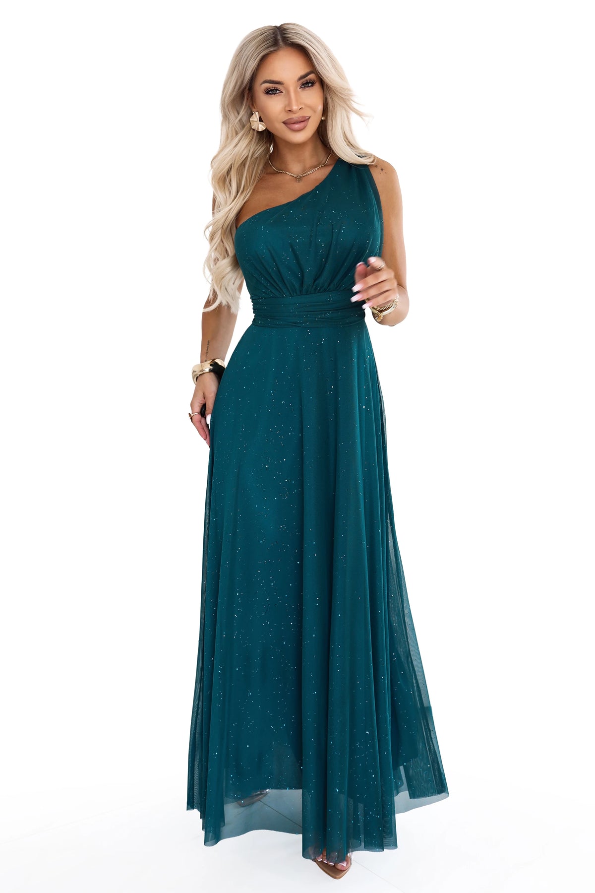 656-4 Rochie lungă de seară strălucitoare cu un umăr - verde sticlă