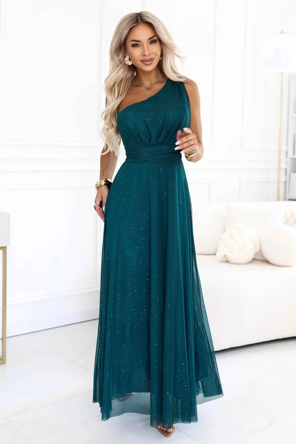 656-4 Rochie lungă de seară strălucitoare cu un umăr - verde sticlă