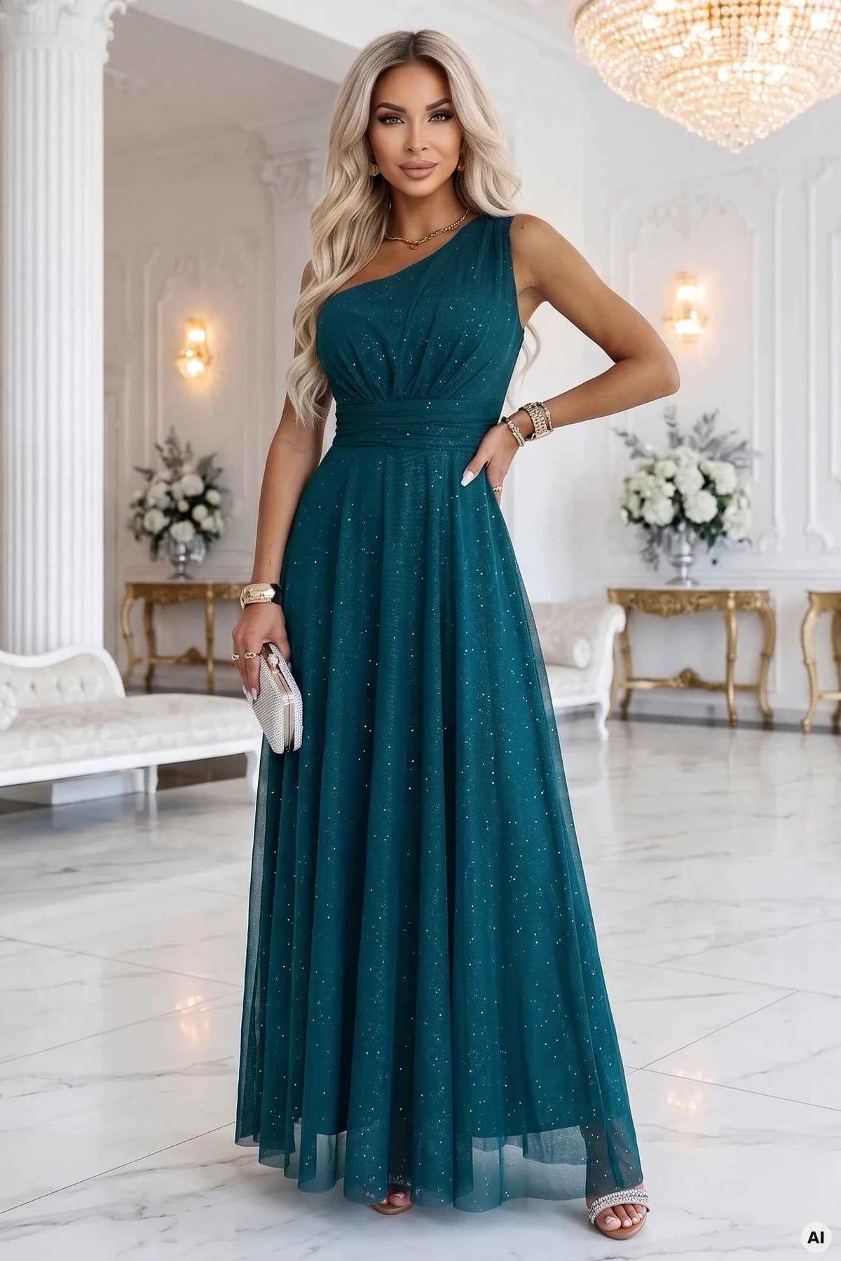 656-4 Rochie lungă de seară strălucitoare cu un umăr - verde sticlă