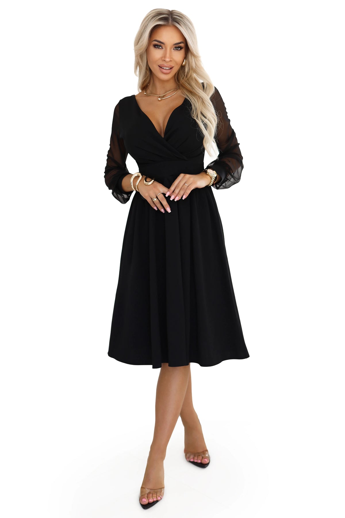 657-1 Rochie midi elegantă cu decolteu înfășurat și mâneci din tul - neagră
