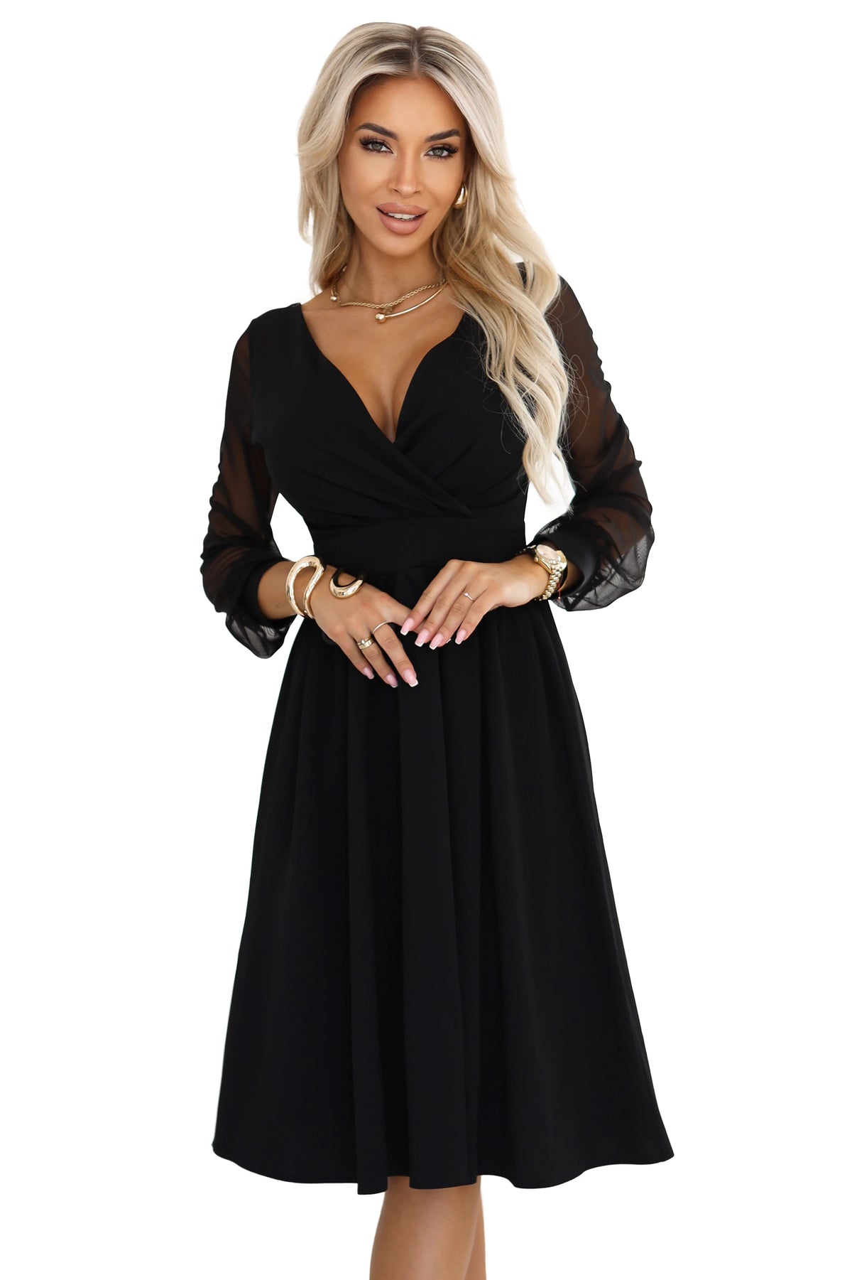 657-1 Rochie midi elegantă cu decolteu înfășurat și mâneci din tul - neagră