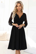 657-1 Rochie midi elegantă cu decolteu înfășurat și mâneci din tul - neagră