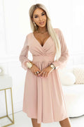 657-2 Rochie midi eleganta cu decolteu petrecut si maneci din tul - bej