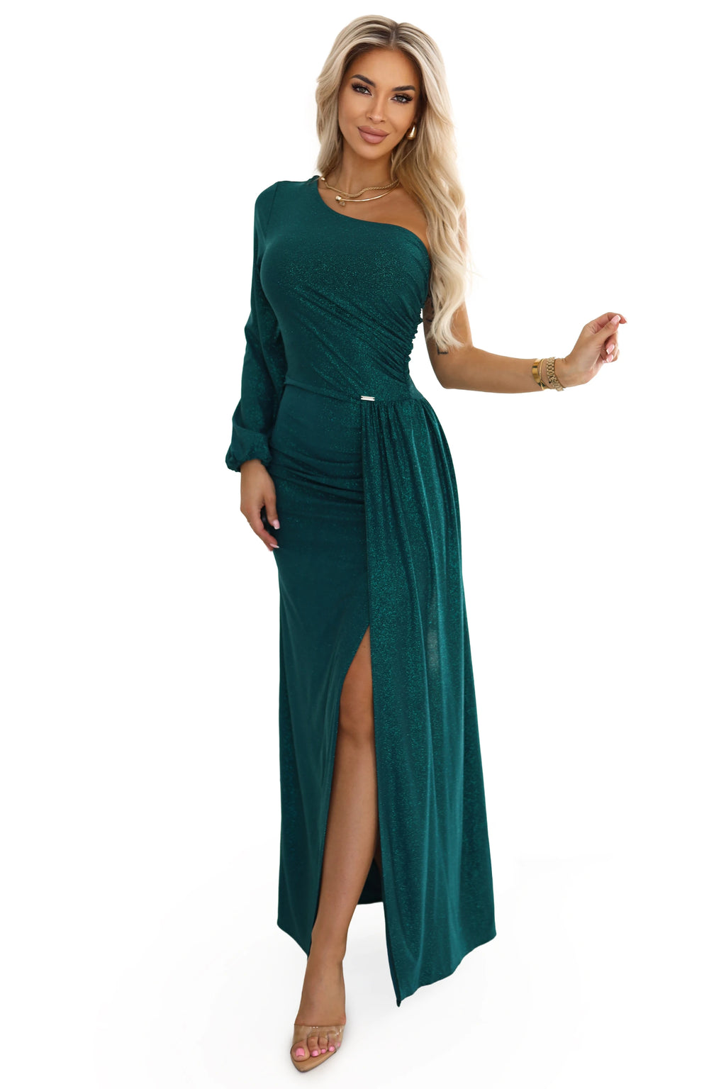 658-2 Rochie maxi cu un singur umăr, cu sclipici, mâneci asimetrice și crăpătură - verde sticlă