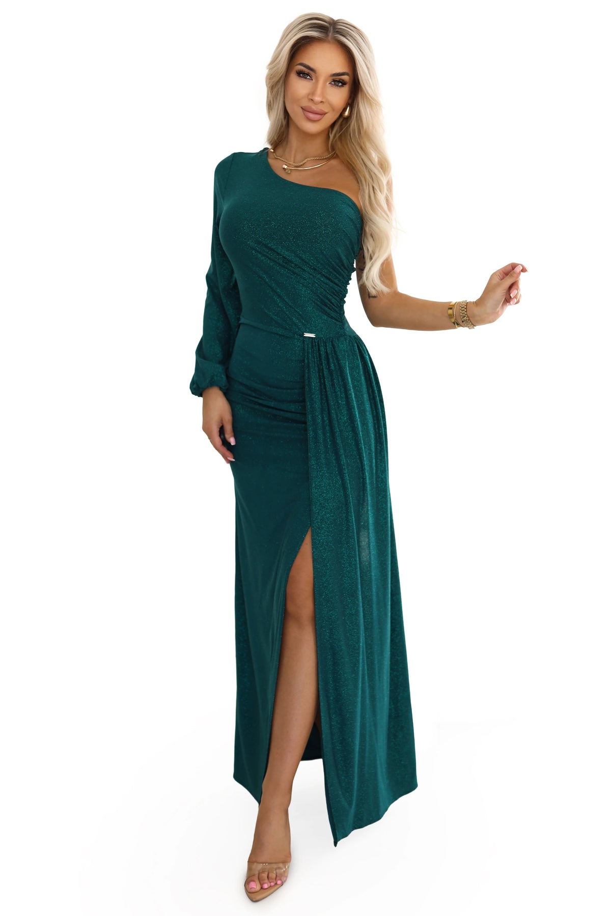 658-2 Rochie maxi cu un singur umăr, cu sclipici, mâneci asimetrice și crăpătură - verde sticlă