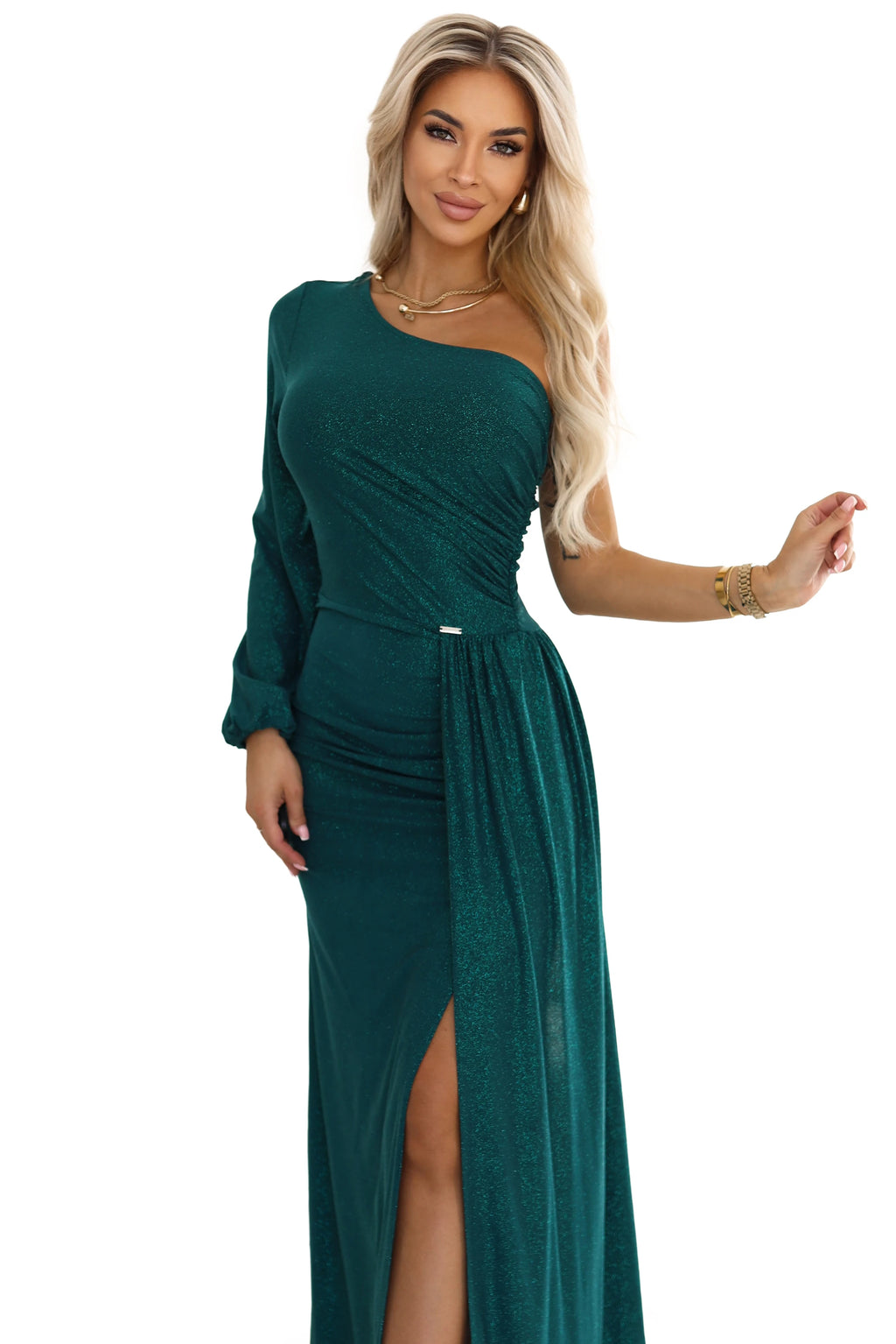 658-2 Rochie maxi cu un singur umăr, cu sclipici, mâneci asimetrice și crăpătură - verde sticlă