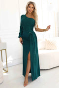 658-2 Rochie maxi cu un singur umăr, cu sclipici, mâneci asimetrice și crăpătură - verde sticlă