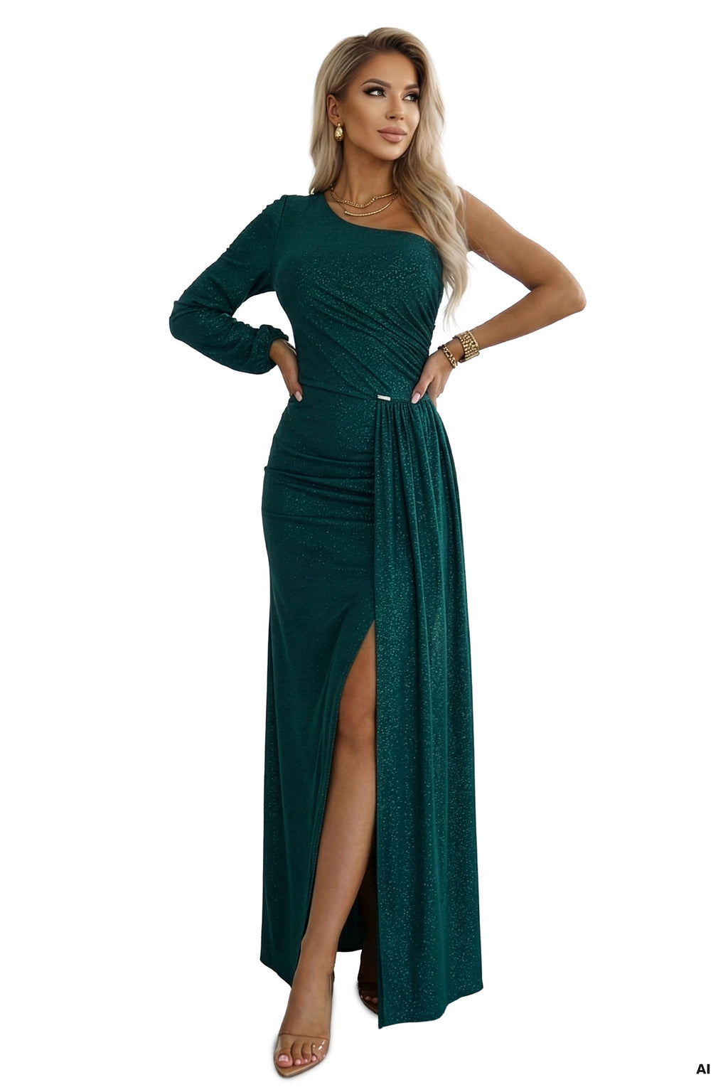 658-2 Rochie maxi cu un singur umăr, cu sclipici, mâneci asimetrice și crăpătură - verde sticlă