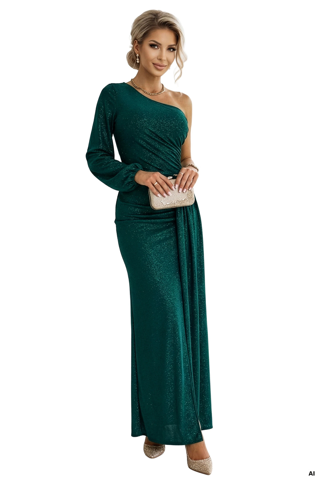 658-2 Rochie maxi cu un singur umăr, cu sclipici, mâneci asimetrice și crăpătură - verde sticlă