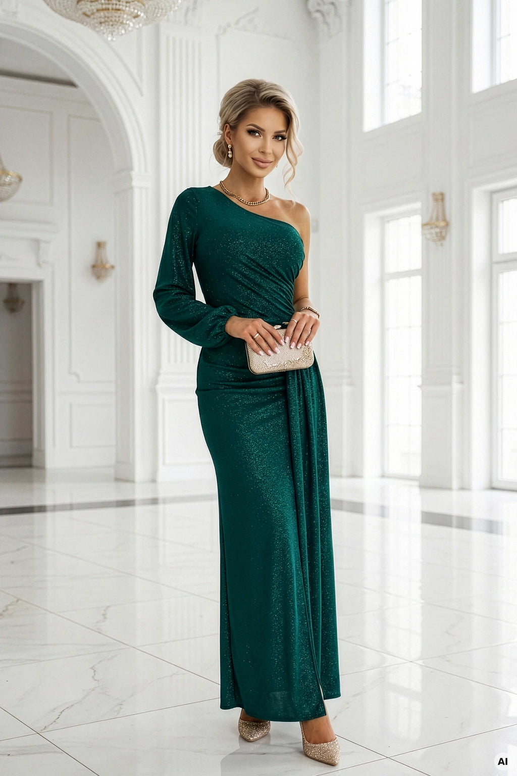 658-2 Rochie maxi cu un singur umăr, cu sclipici, mâneci asimetrice și crăpătură - verde sticlă