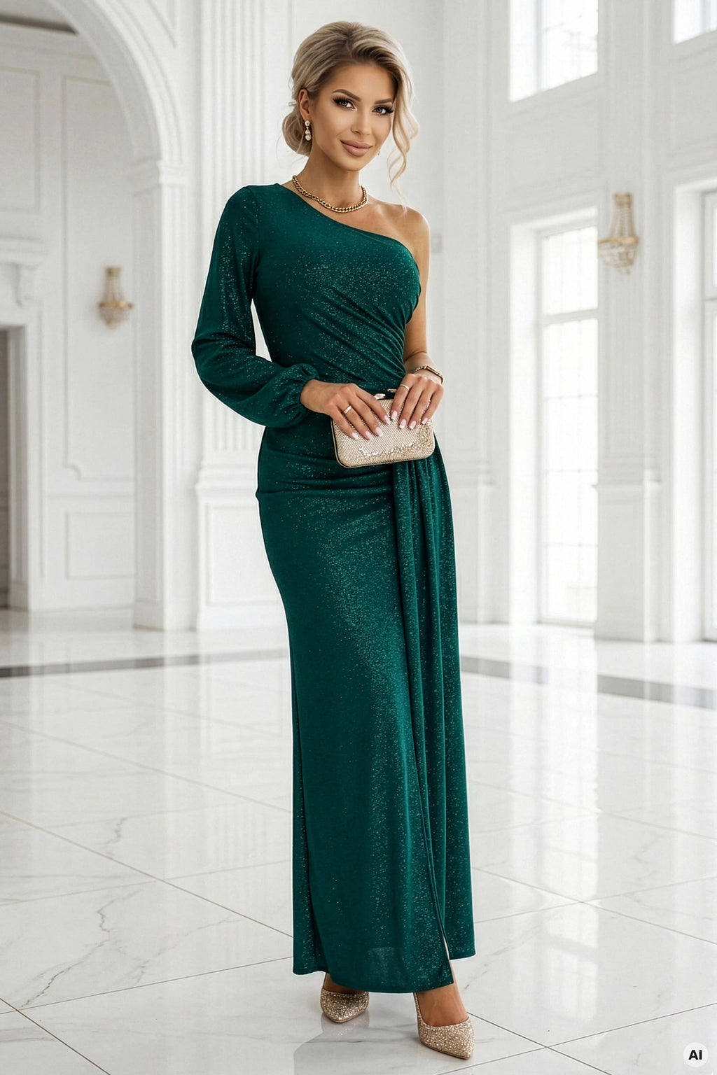 658-2 Rochie maxi cu un singur umăr, cu sclipici, mâneci asimetrice și crăpătură - verde sticlă