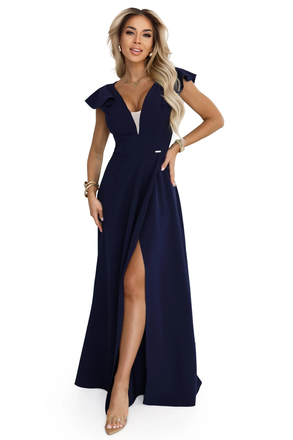 660-1 Rochie maxi elegantă cu volane, decolteu adânc și crăpătură pe picior - bleumarin
