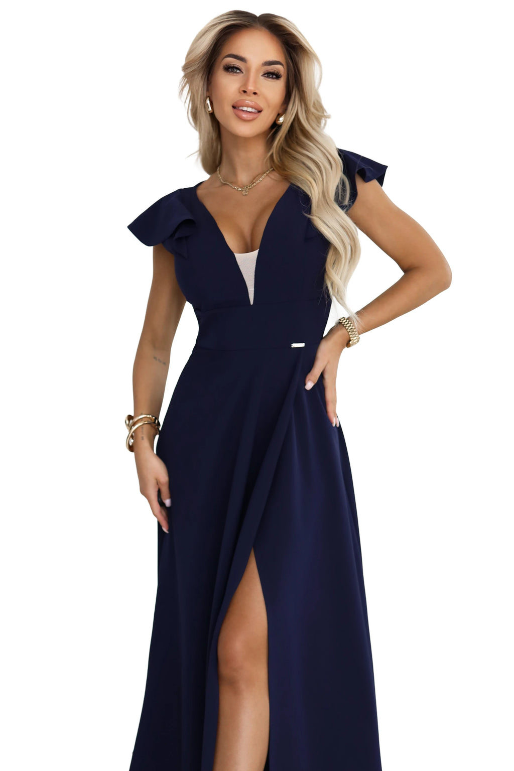 660-1 Rochie maxi elegantă cu volane, decolteu adânc și crăpătură pe picior - bleumarin